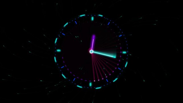 Neon clock face with glowing radial lines and rotating timer hands in dark space