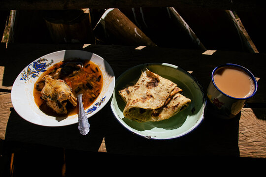 Kenyan Breakfast of Tea and Chapati at a Local Hotel