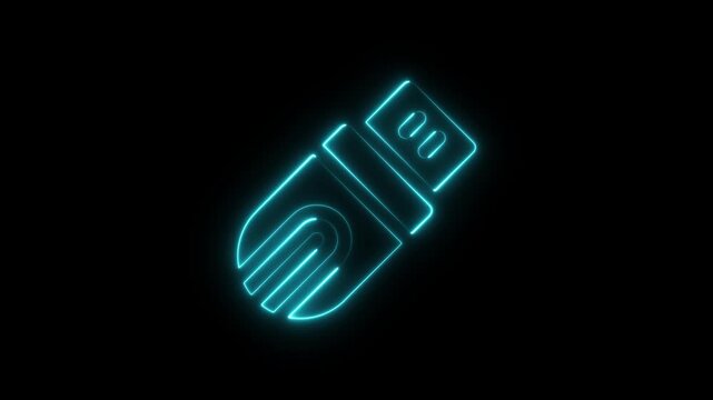 Glowing blue neon usb flash drive icon on black background