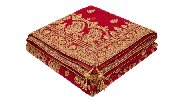 Traditional Red Silk Saree with Gold Zari Embroidery, Elegant Folded Bridal Fabric, Luxurious Ethnic Indian Wedding Apparel isolated PNG with Transparent Background