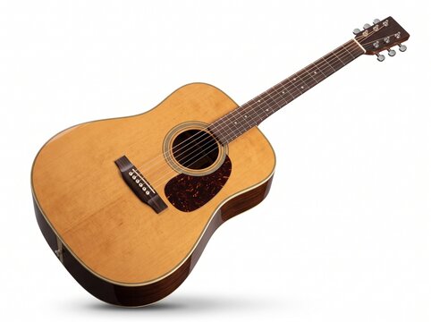 A wooden acoustic guitar with steel strings positioned diagonally against a plain solid white studio background with guitar polished finish