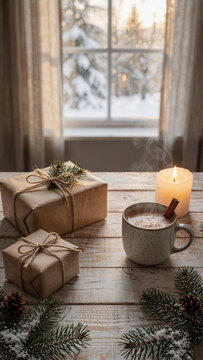 Cozy Christmas indoor scene background with a wrapped gift box, burning candle, steaming hot chocolate mug with cinnamon sticks, and frosted pine branches on a white rustic wooden surface