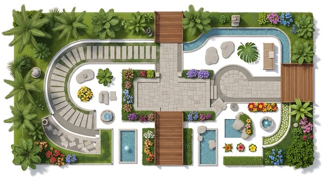 Top view of a modern garden landscape design with swimming pool area