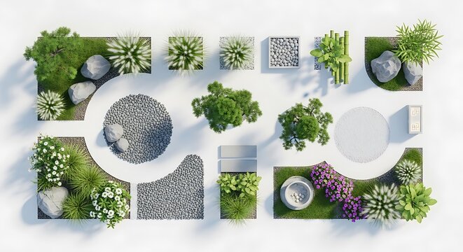 Top view of modern garden landscape plan with plants and patio areas