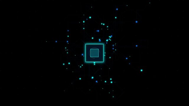 Central microprocessor chip with glowing data particles and network lines on black background