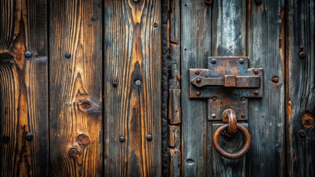 Weathered wooden door with aged metal hinges and rusty iron knocker on a distressed black background, black background, metal hinges