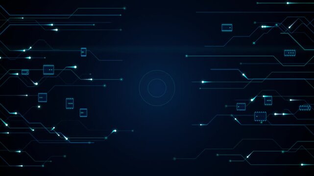 Circuit board network background with glowing blue data pathways and microchip processors for futuristic technology communication