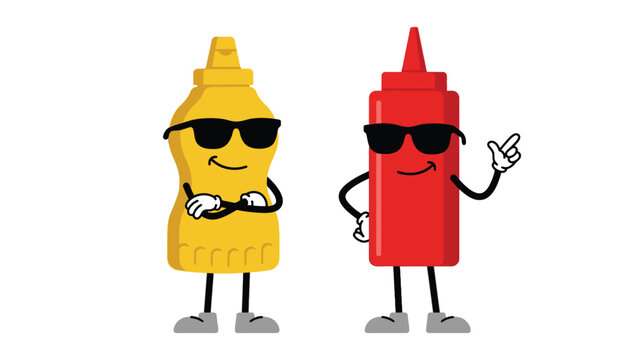 Happy mustard and ketchup condiment bottles wearing black cool sunglasses for a fun food mascot design