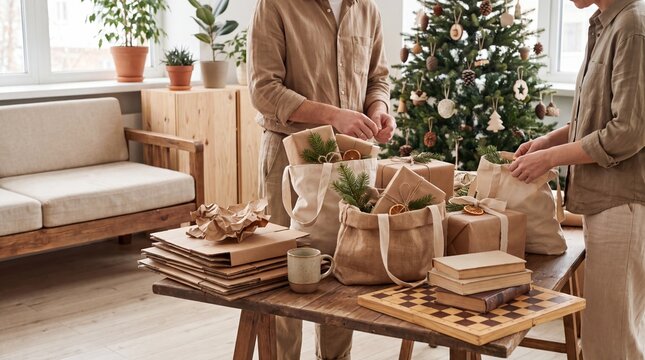 Eco-Friendly Holiday Gifts, A modern living room filled with reusable bags, secondhand gifts, and natural materials for eco-friendly Christmas shopping