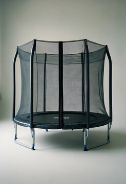 Fitness and active lifestyle, small backyard trampoline with safety enclosure net for children exercise and outdoor recreation on a neutral background