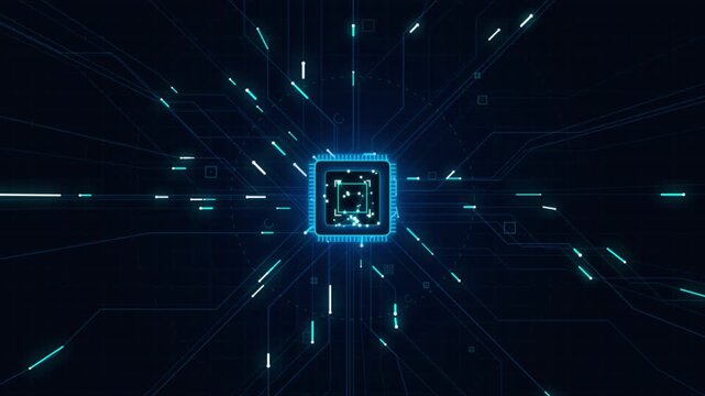 Microprocessor chip with glowing data transfer lines and network connectivity in a dark cyber environment