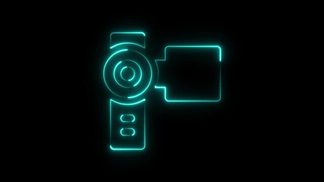Neon blue glowing video camera icon representing recording and digital media technology