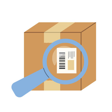 package with magnifying glass; parcel inspection, delivery tracking, shipping, logistics, online shopping and order search concept - vector illustration