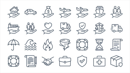 Fototapeta premium Set of insurance and logistics line icons, including house, car, money, travel, family, shipping, protection, and legal symbols.