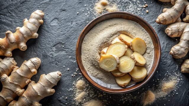 Fresh ginger root sliced thinly and arranged in a delicate pattern in a shallow bowl, with some powder sprinkled on top , food