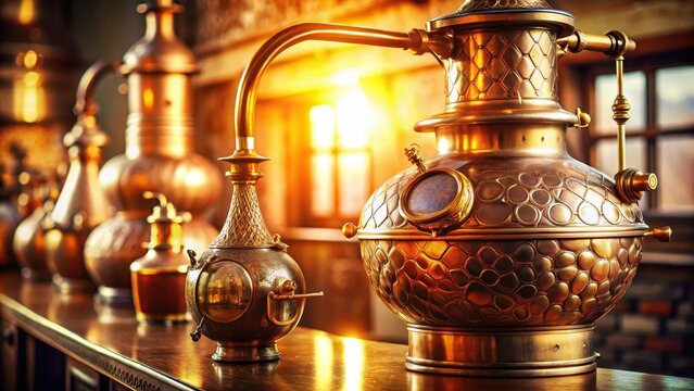 Distilled spirits flowing from a vintage copper pot still, with intricate engravings and ornate details, set against a warm golden light background, distillation, moonshine still