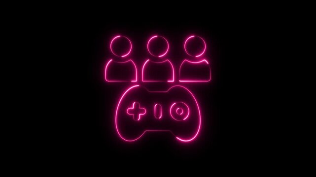 Glowing pink neon icon of people playing video games with a controller