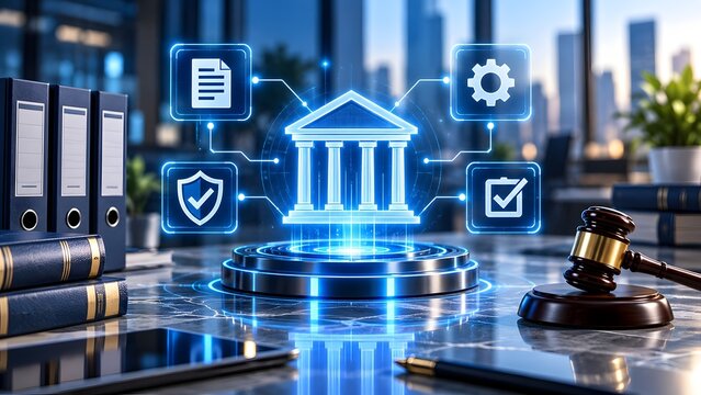 Digital legal concept with courthouse building icon gavel law books and digital icons for document security and checklist on a desk