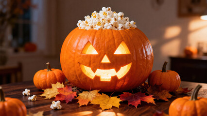 Fototapeta premium Cozy Halloween night with glowing pumpkin and popcorn snack, halloween holiday festive image design