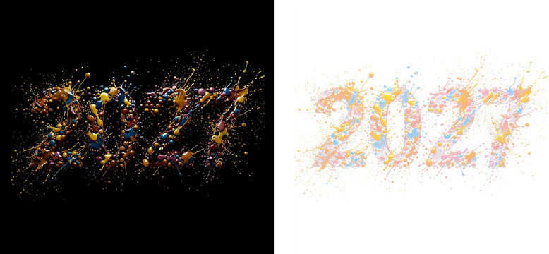 2027 new year celebration with colorful paint splashes isolated on transparent background