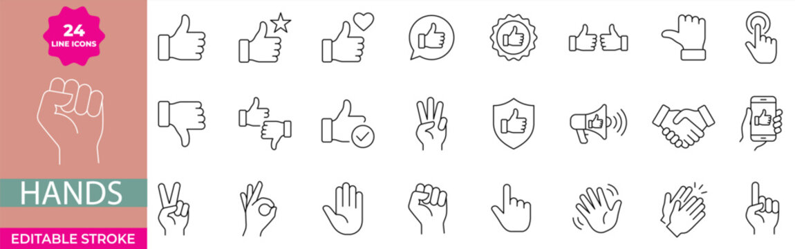 Hands icon set. Thumbs up with star, heart and checkmark, thumbs down, speech bubble, badge, shield, megaphone, handshake, smartphone, peace sign, fist, clapping hands. Editable stroke