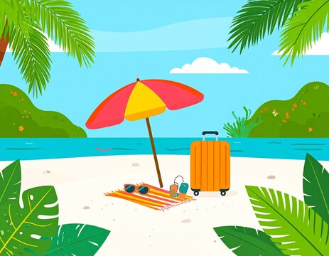 A colorful parasol and suitcase rest on a sunny beach.