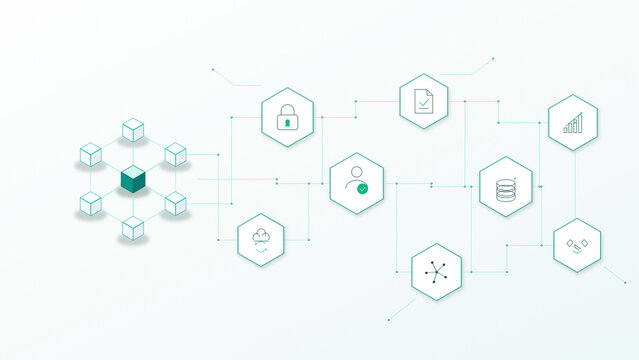 Blockchain Technology Network Isometric Hexagon Infrastructure Emerald Teal Widescreen Background