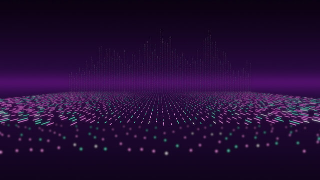 3D Quantum Matrix City Skyline Neon Violet Emerald Widescreen Background