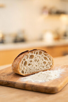 Sliced homemade bread on a wooden board in a warm kitchen