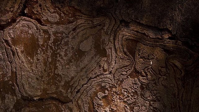 A dilapidated brick arch stained with moss and grime; the play of soft shadows across its masonry and a surface texture weathered by the elements and nature. 4K