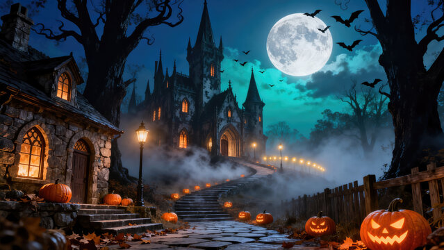 create a haunting halloween themed wallpaper for a nighttime inside a mansion, the subject should be placed on the left side of the image, under daybreak shine, halloween holiday festive image design