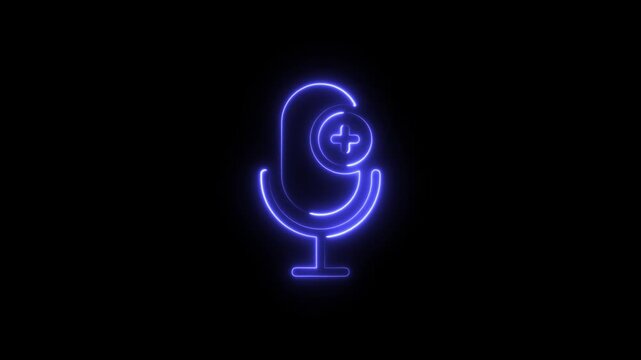 Neon blue microphone icon with a plus sign symbol for podcast and audio recording