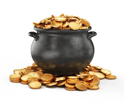 Black Pot full of gold coins isolated on white. St Patrick's day concept - 3d illustration