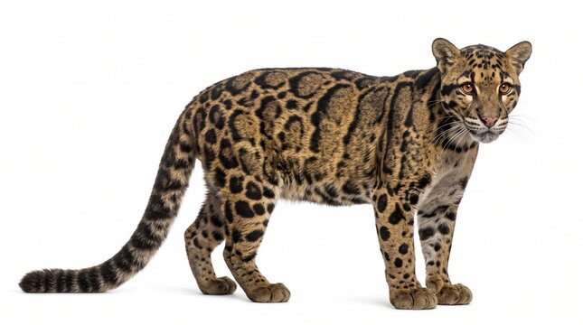 Clouded leopard standing proudly on a plain white surface with detailed spotted fur pattern visible.