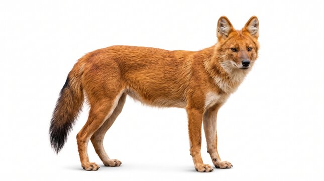 Dhole standing proudly with reddish-brown fur and a bushy dark-tipped tail against a plain white background.