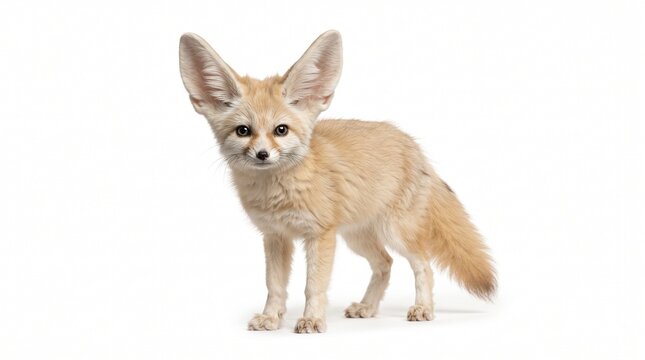 Fennec fox standing and looking directly forward with large characteristic ears on a white background.