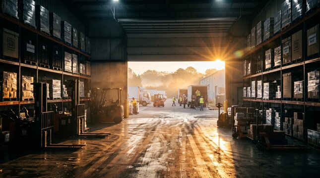 Industrial warehouse loading dock with sunflare and forklifts in operation during golden hour
