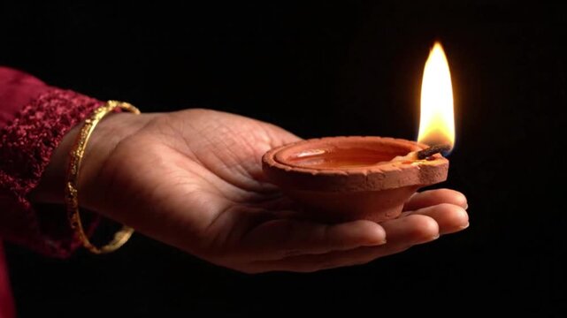 Close Up of Hand Holding Lit Clay Diya Lamp for Diwali Celebration