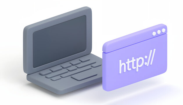 3D render of a laptop computer with a web browser window showing http protocol.