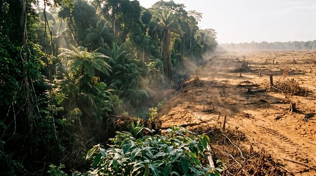 Lush jungle bordering a stark expanse of felled trees signifying deforestation and environmental