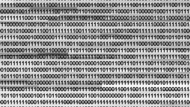 Scrolling black binary code text on a bright grey matrix background