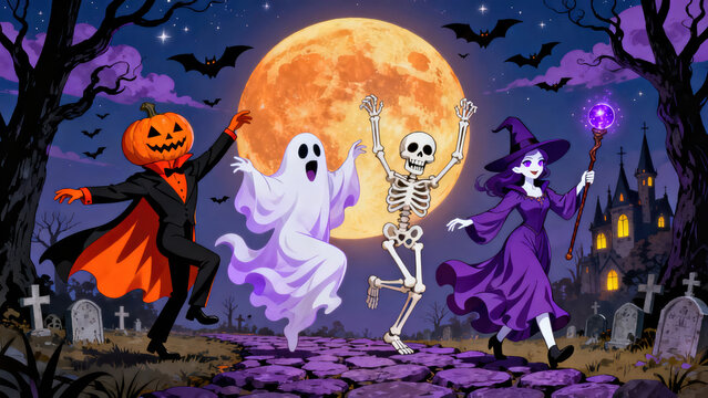 Halloween Monsters Dancing Under the Full Moon in Spooky Haunted Forest Illustration, halloween holiday festive image design