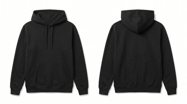 Sudadera negra con capucha lisa mostrada por delante y por detr&aacute;s sobre fondo blanco, ideal para mockups, personalizaci&oacute;n textil, branding y presentaci&oacute;n profesional de prendas.