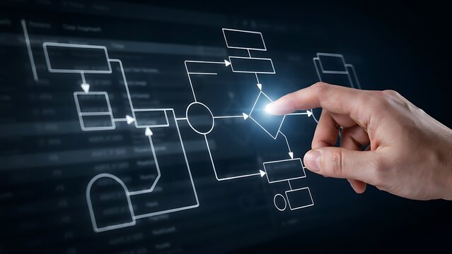 Hand touching digital flowchart diagram, business process management, automation and workflow concept