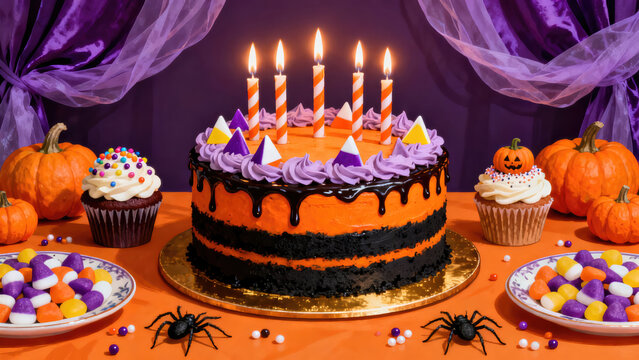 Festive halloween birthday cake with lit candles surrounded by pumpkins and candy corn on a table, halloween holiday festive image design
