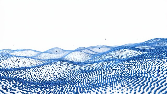 Layered blue particle waves forming an abstract landscape on white