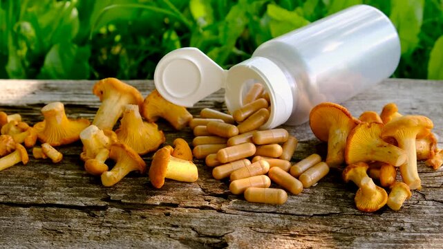 Capsules of chanterelle mushrooms supplements. Selective focus.