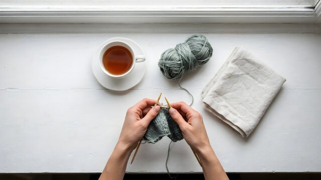 Overhead view of hands knitting green yarn beside tea on a white windowsill