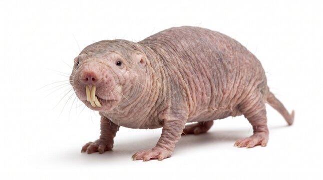Naked mole rat standing on a white surface showing wrinkled skin and prominent incisors in a close studio view.