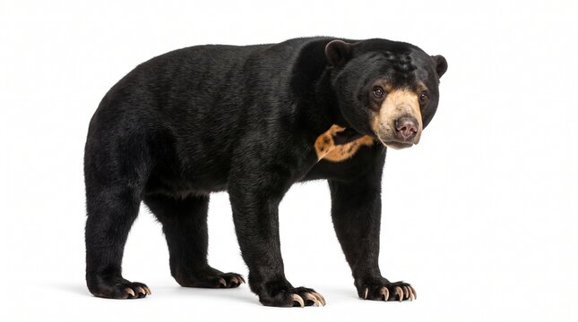 Sun bear standing isolated against a clean white background.